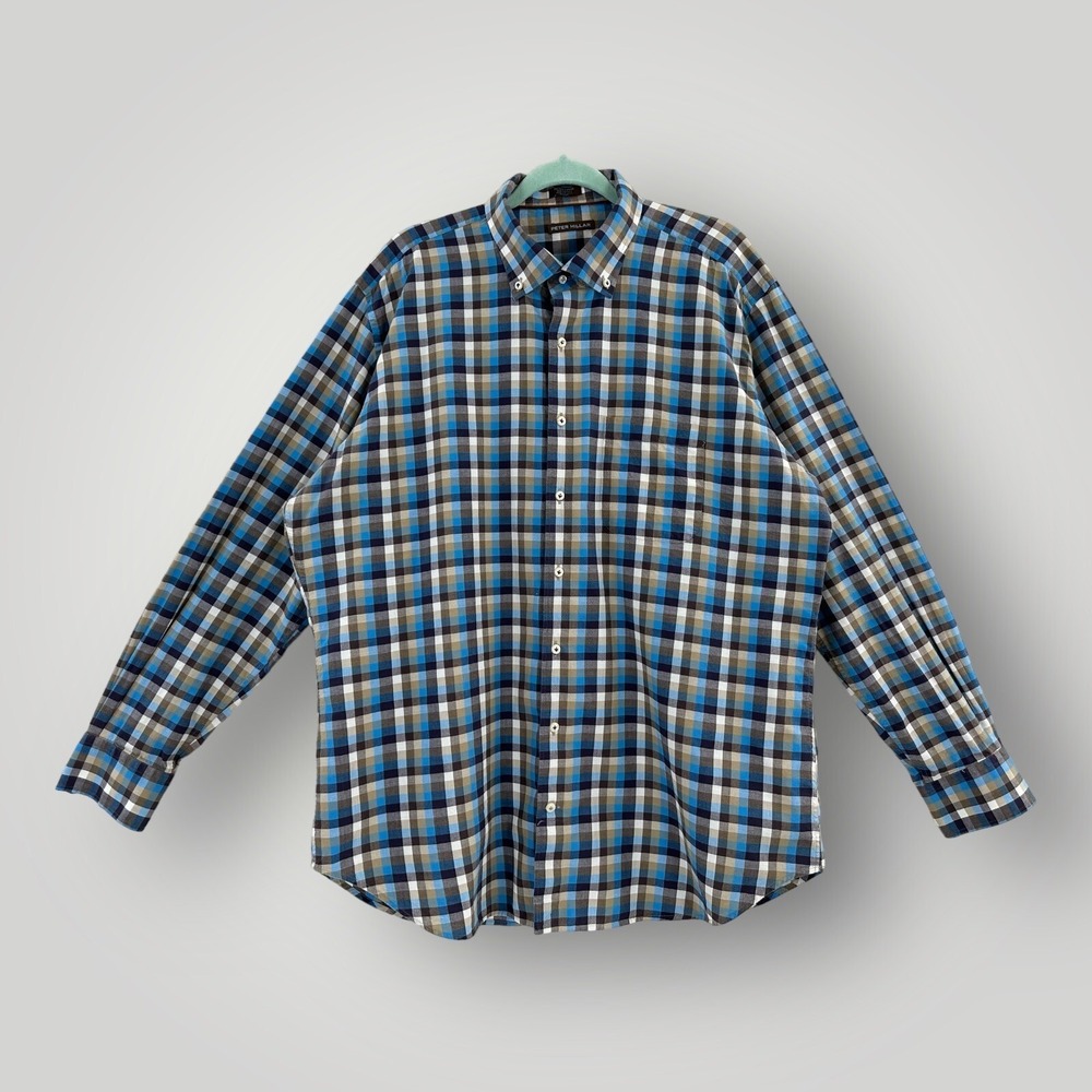 Peter Millar Shirt Men's Size XL Blue Brown Check Button Up Long Sleeve Cotton‎